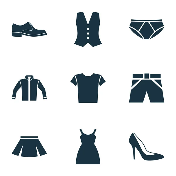 Zestaw ikon odzieży. Kolekcja obuwia pięty, elegancja, sukienka i innych elementów. Również zawiera symbole, takie jak obuwie, pięty, kardigan. — Wektor stockowy