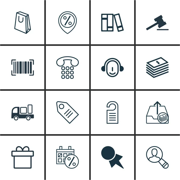 Set van 16 Commerce iconen. Bevat hamer, uitgaande winst, prijs en andere symbolen. Mooie designelementen. — Stockvector