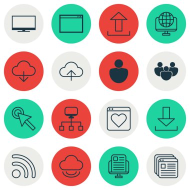 16 World Wide Web simgeler kümesi. Web yer imleri, bilgisayar ağı, yerel bağlantı ve diğer simgeleri içerir. Güzel tasarım öğeleri.