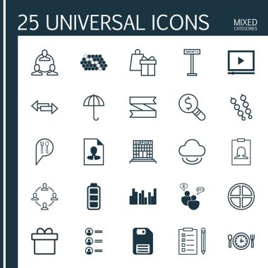 25 evrensel düzenlenebilir simgeler kümesi. Web, mobil ve App tasarım için kullanılabilir. Pötikareli, Video oynatıcı, disket ve daha fazlası gibi unsurları içerir.