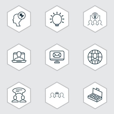 9 iş yönetimi simgeler kümesi. Diyalog, insan zihninin, birlikte çalışma çözümü ve diğer simgeleri içerir. Güzel tasarım öğeleri.