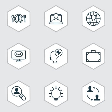 9 iş yönetimi simgeler kümesi. Küresel iş, insan zihninin, sosyal profil ve diğer simgeleri içerir. Güzel tasarım öğeleri.