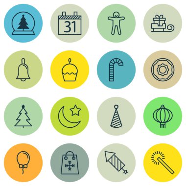 16 yeni yıl simgeler kümesi. Doğum günü pastası, ticaret, doğum günü şapkası ve diğer simgeler içerir. Güzel tasarım öğeleri.