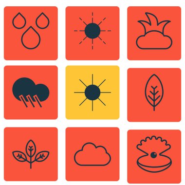 9 uyum simgeler kümesi. Yağmur damlası, Filiz, güneş ve diğer simgeleri içerir. Güzel tasarım öğeleri.