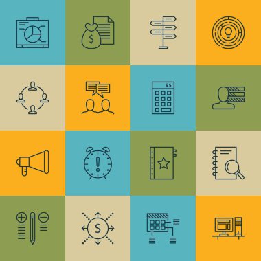 16 proje yönetimi simgeler kümesi. Para, fırsat, zamanlama ve diğer simgeleri içerir. Güzel tasarım öğeleri.