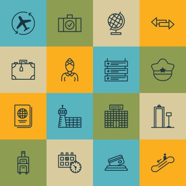 16 seyahat simgeler kümesi. Hostes, kredi kartı, uçak ok ve diğer simgeleri içerir. Güzel tasarım öğeleri.