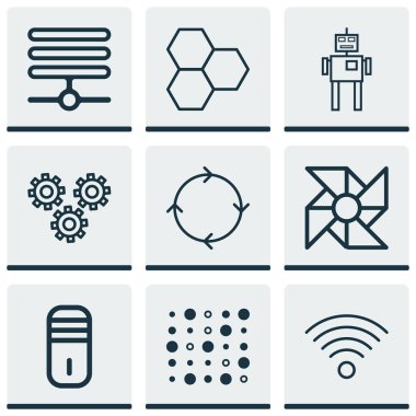 9 Robotik simgeler kümesi. Yinelenen Program, Cyborg, değişken mimarisi ve diğer simgeleri içerir. Güzel tasarım öğeleri.