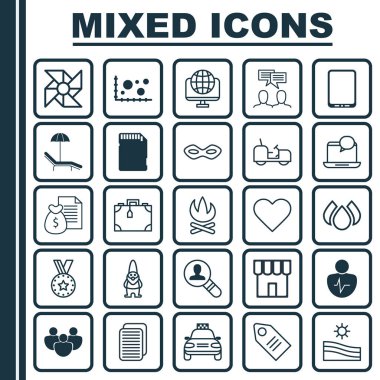 25 evrensel düzenlenebilir simgeler kümesi. Web, mobil ve App tasarım için kullanılabilir. Açık pozisyon, bavul, cüce ve daha fazlası gibi unsurları içerir.