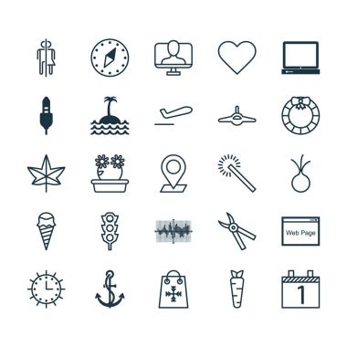 25 evrensel düzenlenebilir simgeler kümesi. Web, mobil ve App tasarım için kullanılabilir. Güneş saati, çubuk grafik kılavuz, resif ve daha fazlası gibi unsurları içerir.