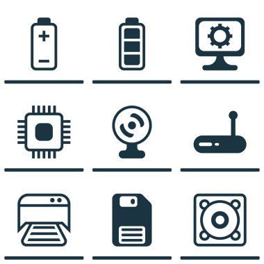 9 bilgisayar donanım simgeler kümesi. Örümcek ağı fotoğraf makinesi, yazdırılan belge, müzik ve diğer simgeleri içerir. Güzel tasarım öğeleri.