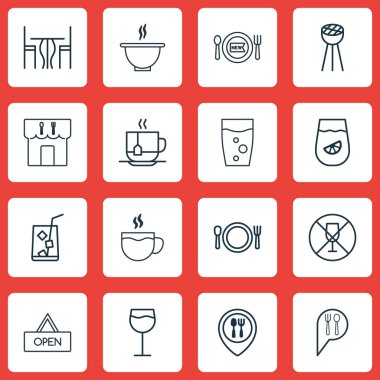 16 yemek simgeler kümesi. Yemek odası, kase, Soda içecek ve diğer simgeleri içerir. Güzel tasarım öğeleri.