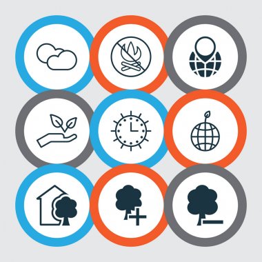 9 Eko simgeler kümesi. Cloud kümülüs, PIN Earth, yasaklı yangın ve diğer simgeleri içerir. Güzel tasarım öğeleri.