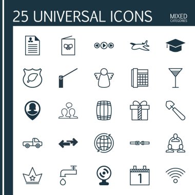 25 evrensel düzenlenebilir simgeler kümesi. Web, mobil ve App tasarım için kullanılabilir. Emniyet kemeri, Kepçe, sohbet ve daha fazlası gibi unsurları içerir.