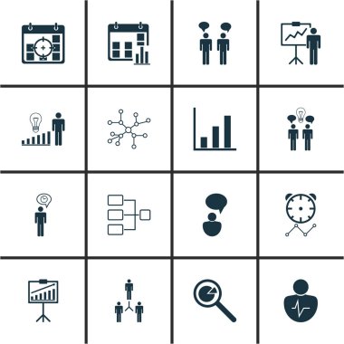 16 yönetimi simgeler kümesi. Grup kuruluş, proje analizi, ortak çalışma ve diğer simgeleri içerir. Güzel tasarım öğeleri.