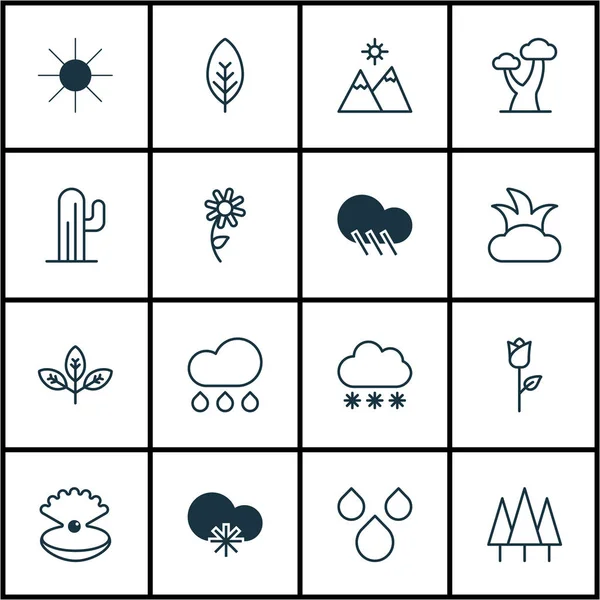 Set di 16 icone del mondo. Include Pioggia, Paesaggio, Simboli di pioggia. Bellissimi elementi di design . — Vettoriale Stock