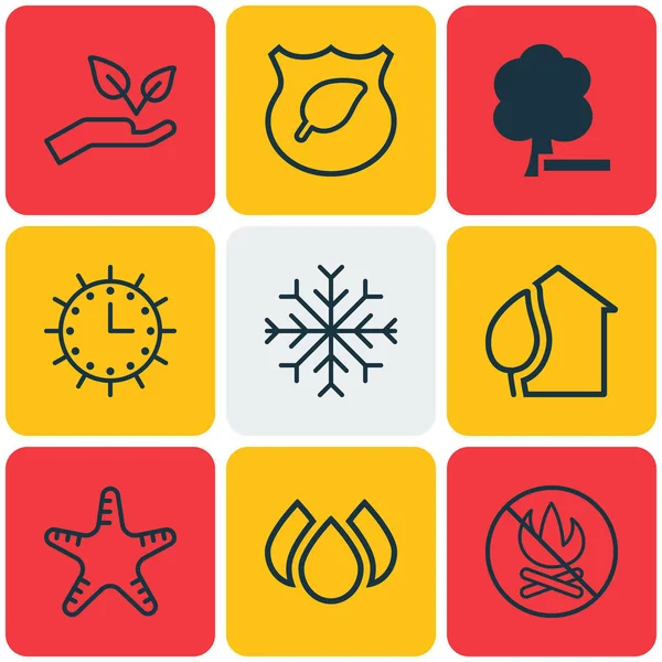 Set van 9 Eco-vriendelijke iconen. Bevat vuur verboden, Home, sneeuw en andere symbolen. Mooie designelementen. — Stockvector