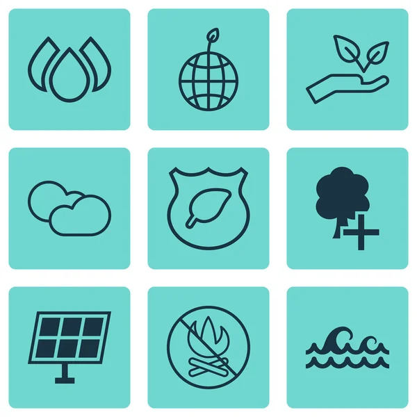 Set van 9 Eco iconen. Omvat invoegen Woods, Guard boom, opslaan wereld en andere symbolen. Mooie designelementen. — Stockvector