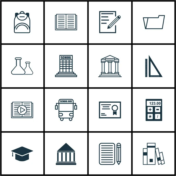 Set med 16 utbildning ikoner. Inkluderar tejpade boken, biblioteket, College och andra symboler. Vacker designelement. — Stock vektor