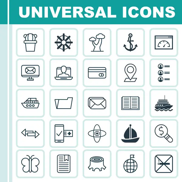 Zestaw 25 Universal ikon edycji. Mogą być używane dla sieci Web, mobilnych i projektowania aplikacji. Zawiera elementy, takie jak karta plastikowa, ćma, Profil socjalny i więcej. — Wektor stockowy