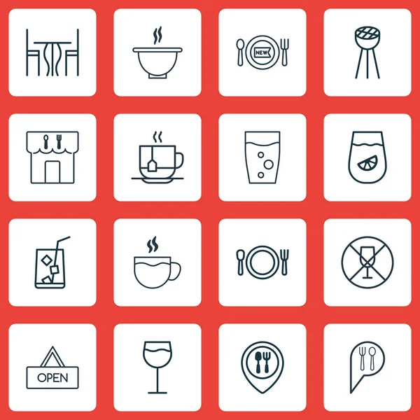 Conjunto de 16 ícones de refeição. Inclui sala de jantar, tigela, bebida com refrigerante e outros símbolos. Elementos de design bonito . — Vetor de Stock