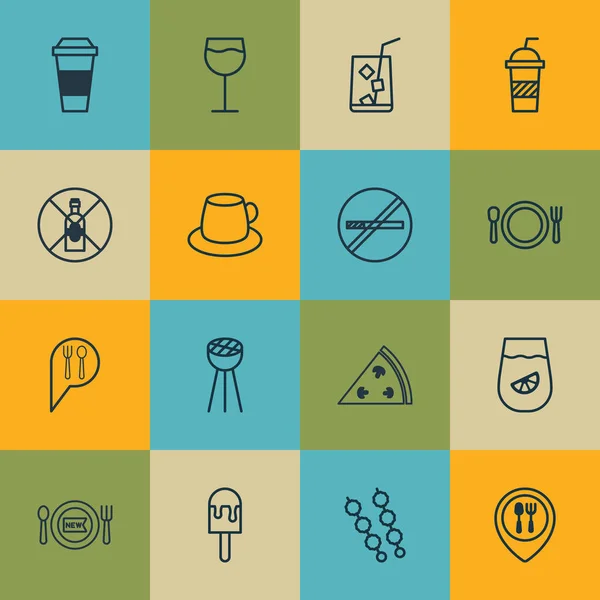 Conjunto de 16 ícones de café. Inclui talheres, Lolly, Stop Smoke e outros símbolos. Elementos de design bonito . —  Vetores de Stock