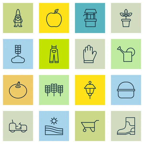 Conjunto de 16 ícones de fazenda. Inclui anão, roupas de jardim, lanterna e outros símbolos. Elementos de design bonito . —  Vetores de Stock