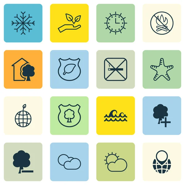 Set Of 16 Eco-Friendly Icons. Includes Sun Clock, World Ecology, Pin Earth And Other Symbols. Beautiful Design Elements. — Stock Vector