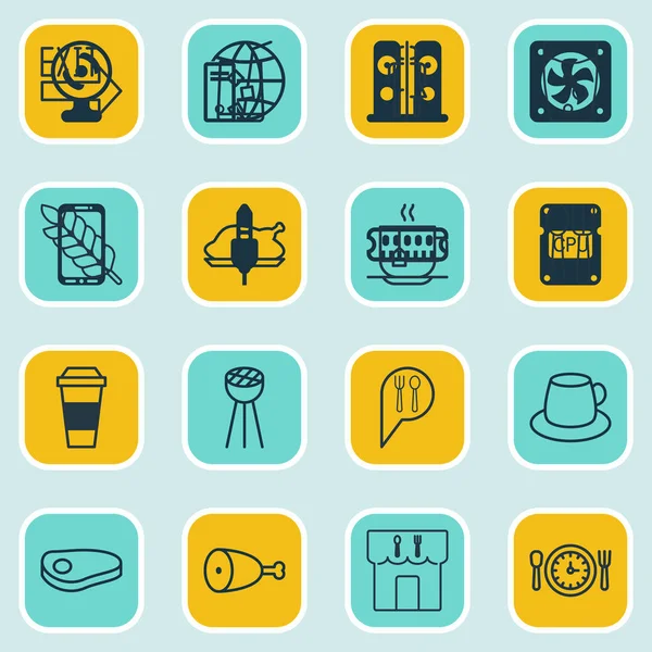 Set de 16 iconos Café. Incluye Check In, Hora de Comida, Cubertería y Otros Símbolos. Hermosos elementos de diseño . — Archivo Imágenes Vectoriales