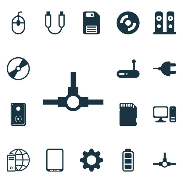 Set Of 16 Computer Hardware Icons. Includes Portable Memory, Router, Memory Card And Other Symbols. Beautiful Design Elements. — Stock Vector