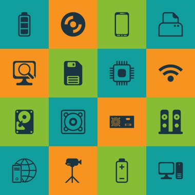 16 bilgisayar donanım simgeler kümesi. Müzik, kablosuz, pil ve diğer simgeleri içerir. Güzel tasarım öğeleri.