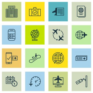 16 seyahat simgeler kümesi. Uçus tarifesi, tesisi geliştirme, etrafında sinek ve diğer simgeleri içerir. Güzel tasarım öğeleri.