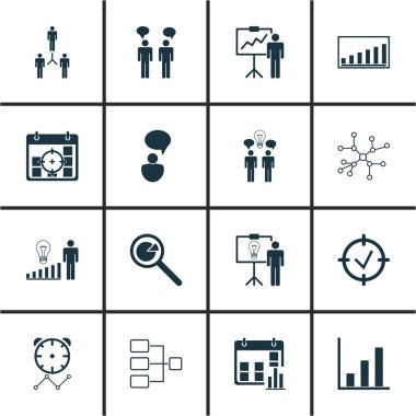 16 yönetimi simgeler kümesi. Şirket istatistikleri, sistem yapısı, proje ve diğer simgeleri içerir. Güzel tasarım öğeleri.