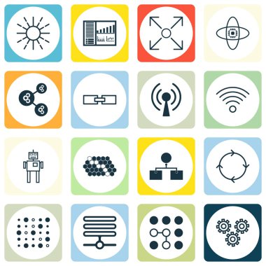 Set Of 16 Artificial Intelligence Icons. Includes Cyborg, Branching Program, Mechanism Parts And Other Symbols. Beautiful Design Elements. clipart