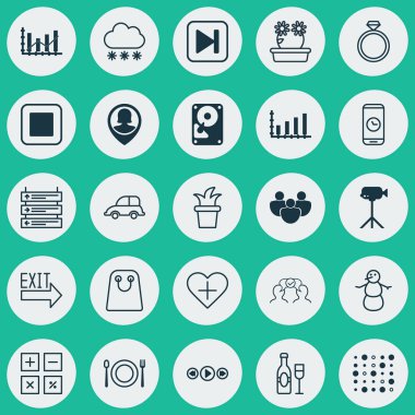 25 evrensel düzenlenebilir simgeler kümesi. Web, mobil ve App tasarım için kullanılabilir. Dur düğmesi, PIN çalışan, video kamera ve daha fazlası gibi unsurları içerir.