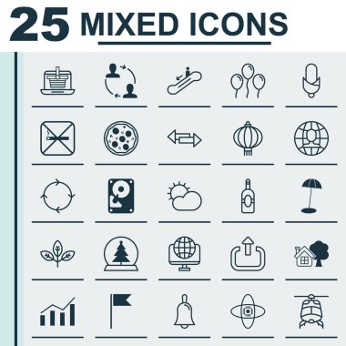 25 evrensel düzenlenebilir simgeler kümesi. Web, mobil ve App tasarım için kullanılabilir. Bilgisayar ağı, çiftlik ev ve sihirli küre gibi unsurları içerir.