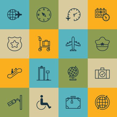 16 seyahat simgeleri ayarlayın. Dünya, seyahat saat, Video izleme ve diğer simgeleri içerir. Güzel tasarım öğeleri.