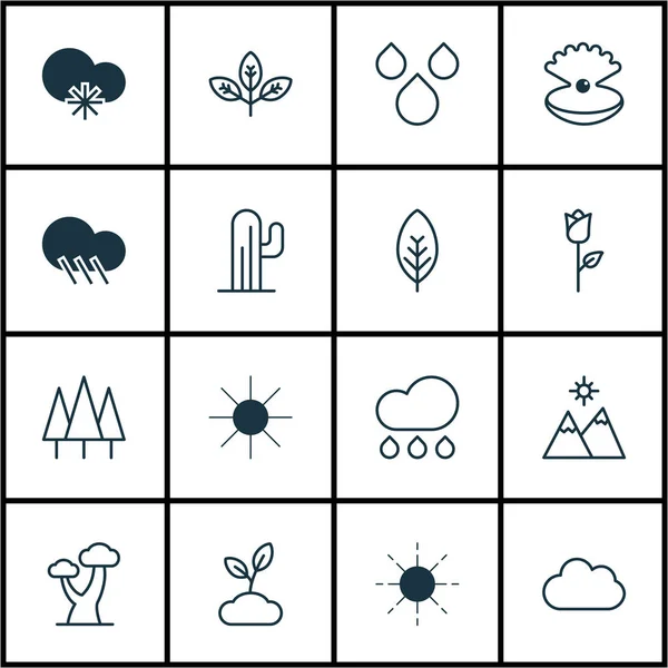 Set di 16 icone di ecologia. Include Paesaggio, Sole, simboli Seashell. Bellissimi elementi di design . — Vettoriale Stock