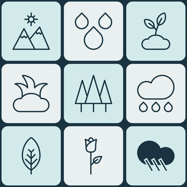 Set van 9 ecologie iconen. Bevat boom blad, waterdruppels, regendruppel en andere symbolen. Mooie designelementen. — Stockvector