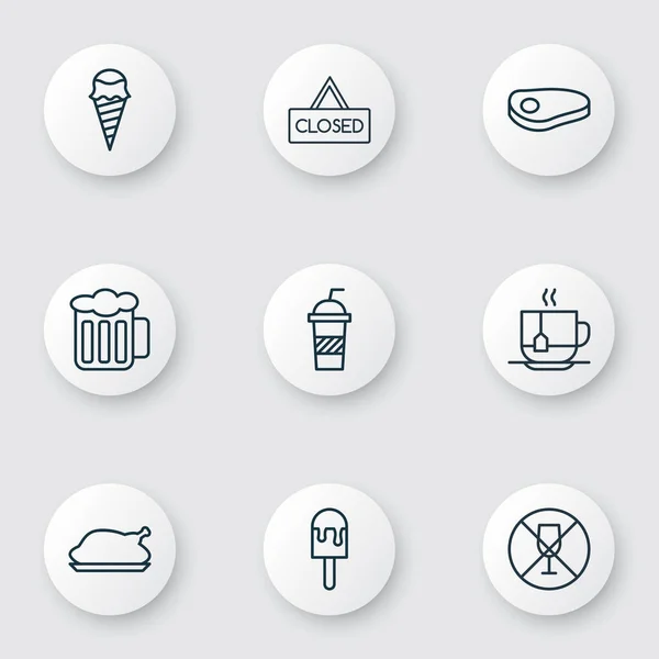 Conjunto de 9 ícones comendo. Inclui Placard fechado, bebida quente, álcool proibido e outros símbolos. Elementos de design bonito . — Vetor de Stock