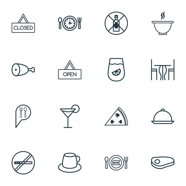 Set von 16 Cafe-Symbolen. Speisesaal, Stop Smoke, Steak und andere Symbole. schöne Gestaltungselemente. — Stockvektor