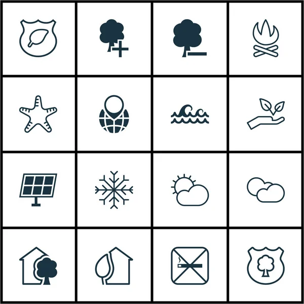 Set van 16 Eco-vriendelijke iconen. Omvat opslaan wereld, hout, Pin aarde en andere symbolen. Mooie designelementen. — Stockvector
