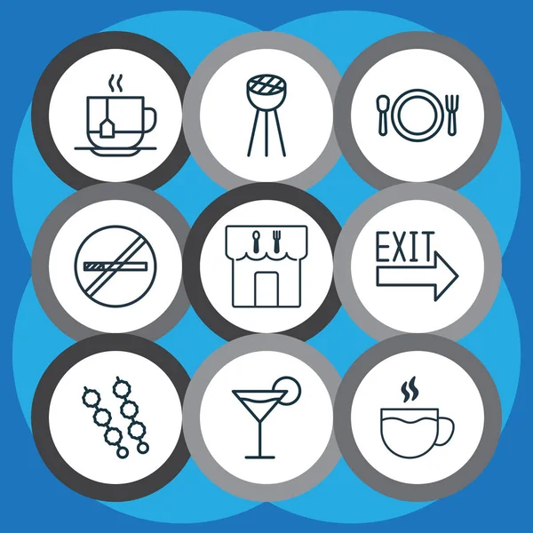 Conjunto de 9 ícones comendo. Inclui Stick Batbecue, Stop Smoke, Restaurante e outros símbolos. Elementos de design bonito . —  Vetores de Stock