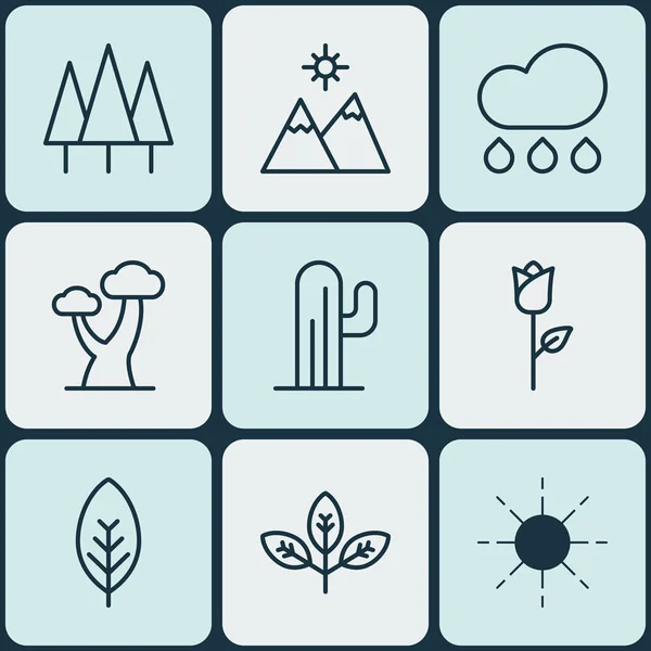 Set van 9 natuur iconen. Regen, bloem van de liefde, bos en andere symbolen bevat. Mooie designelementen. — Stockvector