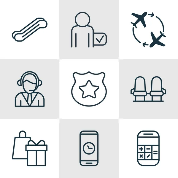 Conjunto de 9 iconos de viaje. Incluye elevador de escaleras, operador, trotamundos y otros símbolos. Hermosos elementos de diseño . — Vector de stock