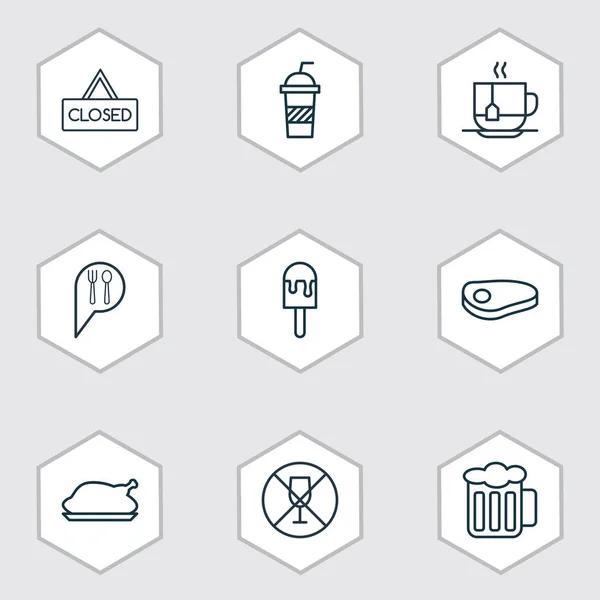 Set de 9 iconos de la comida. Incluye Ale, Lolly, Soda y otros símbolos. Hermosos elementos de diseño . — Vector de stock
