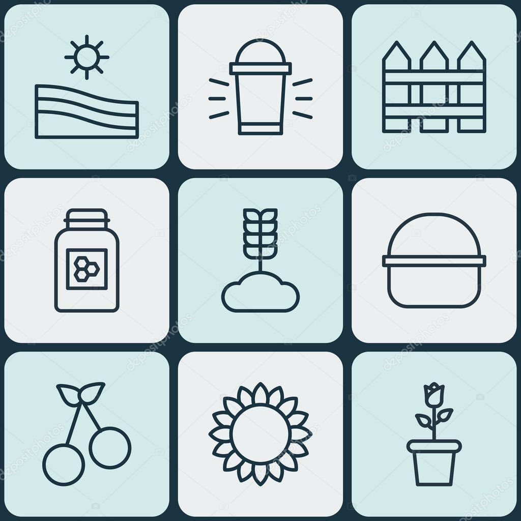 Set Of 9 Farm Icons. Includes Barrier, Helianthus, Cereal And Other Symbols. Beautiful Design Elements.