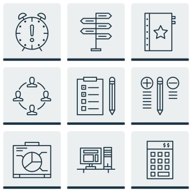 9 proje yönetimi simgeler kümesi. Uyarı mektubu, yönetim kurulu, işbirliği ve diğer simgeleri içerir. Güzel tasarım öğeleri.