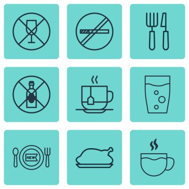 9 gıda simgeler kümesi. Soda içecek, tavuk kızartma, alkol korusun ve diğer simgeleri içerir. Güzel tasarım öğeleri.