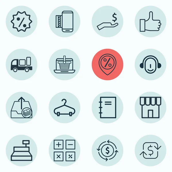 Set Of 16 Commerce Icons. Includes Shop, Rich, Spiral Notebook And Other Symbols. Beautiful Design Elements. — Stock Vector