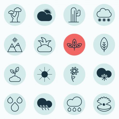 16 ekoloji simgeler kümesi. Su damlaları, kar fırtınası, kaktüs ve diğer simgeleri içerir. Güzel tasarım öğeleri.